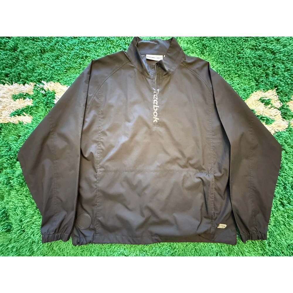 Reebok Windshirt Mens Large Black Excellent 1/4 Zip Pullover Jacket 7200